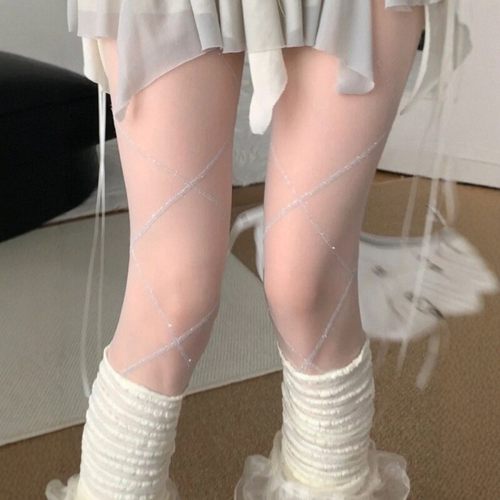 春夏高级感银色亮线菱格白丝袜女