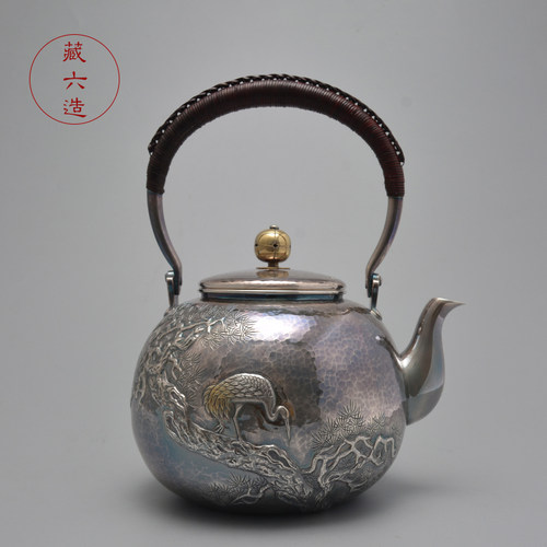 藏六造松鹤延年纯银999烧水壶