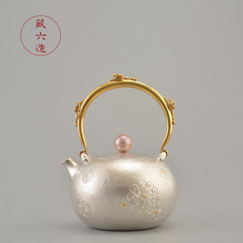 藏六造 珠光皮球花银壶纯手工一张打日式錾刻纯银999烧水壶煮茶壶