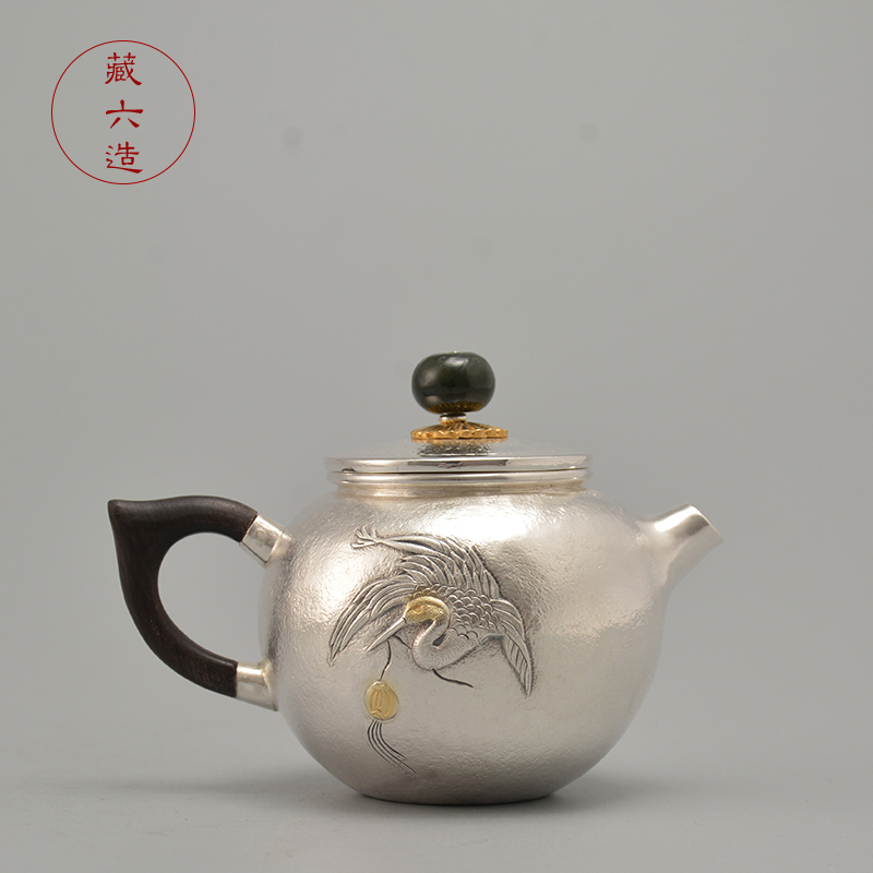 藏六造 纯银999鸾鹤报喜小壶约80ml 纯手工一张打高端錾刻泡茶壶