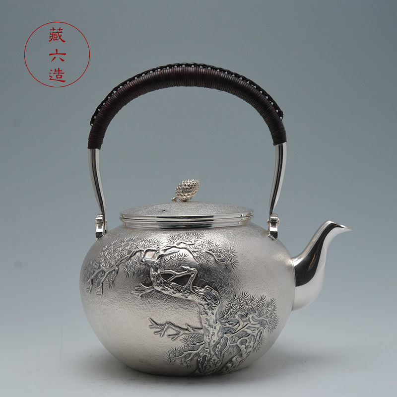 藏六造 松荫千里银壶 日本高端纯手工银壶 纯银999烧水泡茶壶