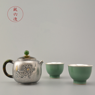 银壶 藏六造 大漆莲生银壶茶具套装 纯银999纯手工家用泡茶壶