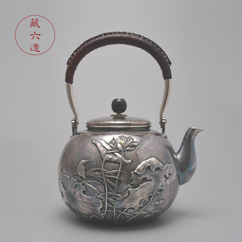 藏六造 熏银荷塘清趣 日本银壶纯银999烧水壶煮茶器家用银茶壶