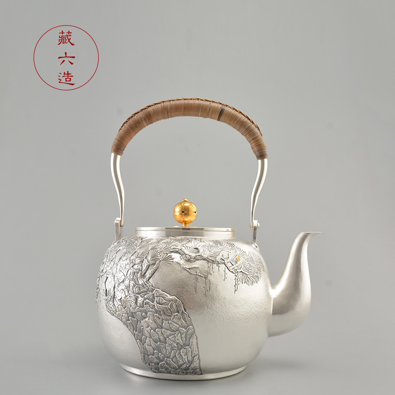 藏六造云霄古松银壶 纯手工一张打纯银999烧水壶煮茶壶日本银壶