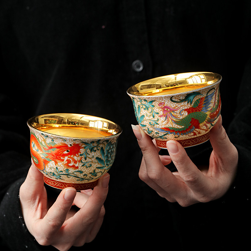 中式珐瑯彩龙凤对杯主人杯功夫茶具高档鎏金茶杯礼盒装送长辈朋友