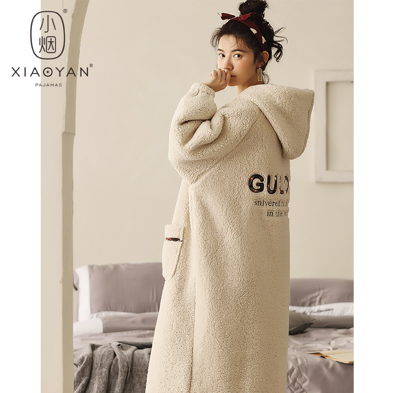 睡袍女秋冬珊瑚绒睡衣女冬法兰绒加绒加厚长款羊羔绒家居服