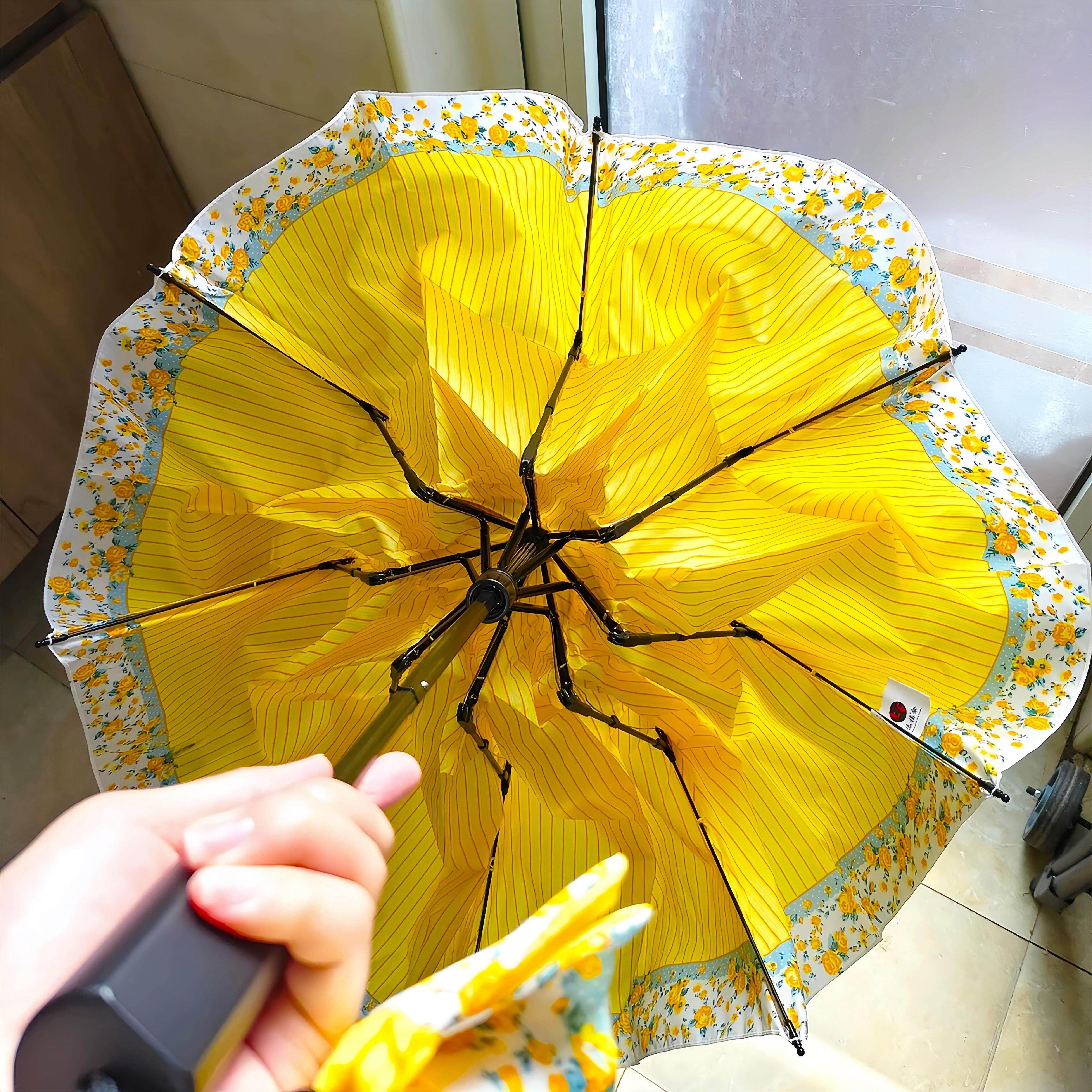 黄色碎花雨伞女晴雨两用高颜值手动折叠款小巧便携黑胶遮阳伞防晒