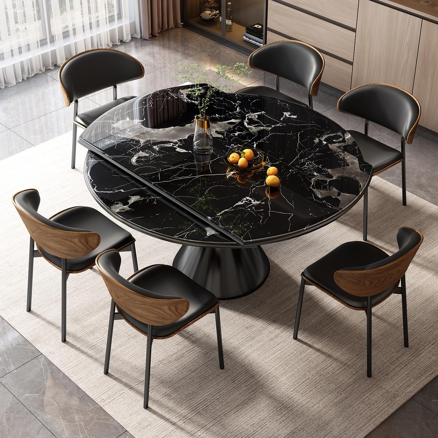 意式轻奢天然微晶石餐桌椅组合大理石圆餐桌高级感可伸缩折叠餐桌