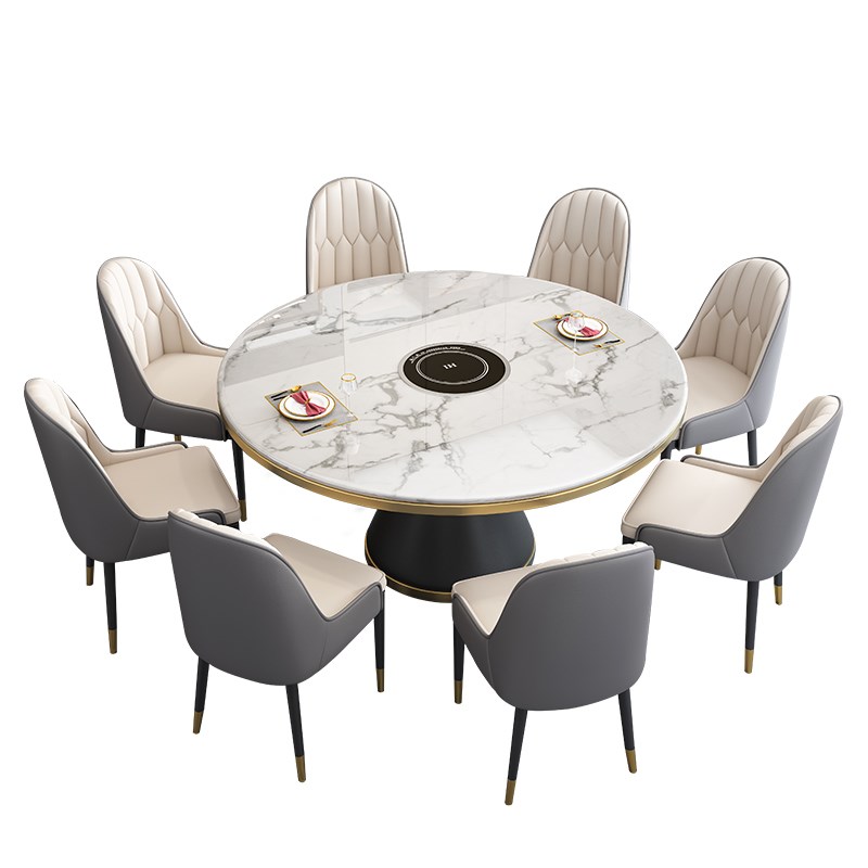 岩板餐桌椅组合圆形轻奢大理石圆桌简约现代带转盘小户型家用饭桌