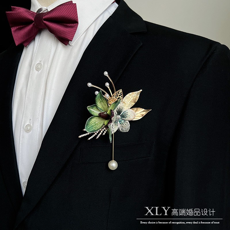 绿惠兰蝴蝶兰伴郎伴娘襟花结婚婚礼胸花新郎新娘商务活动磁吸胸针