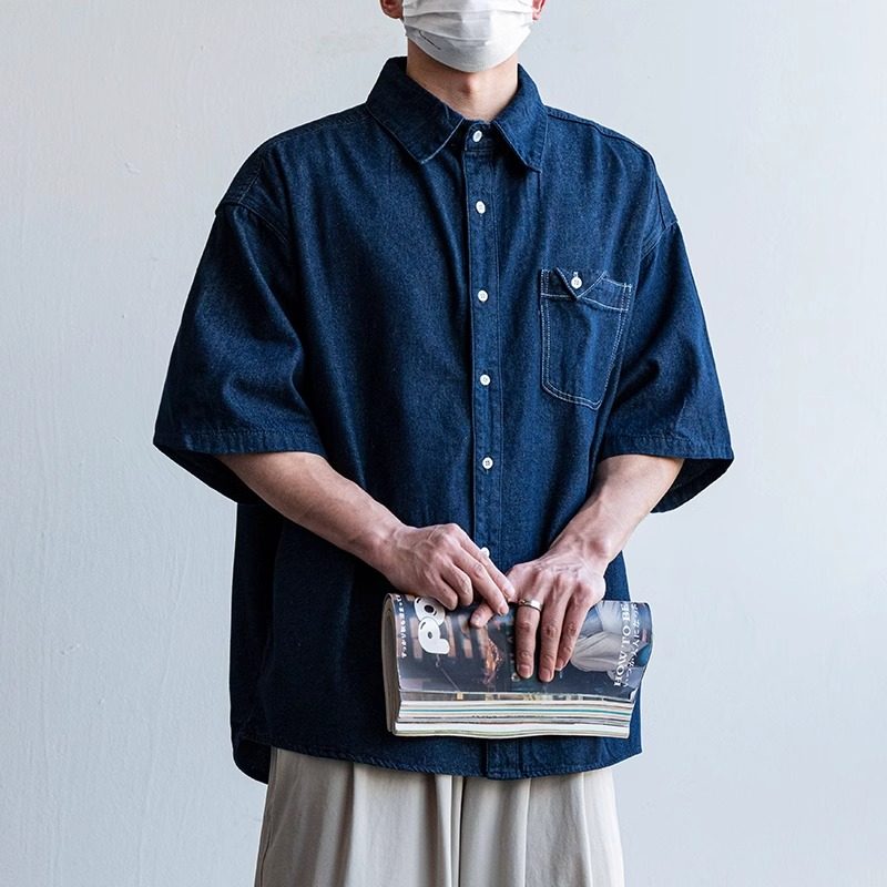 蓝色口袋牛仔衬衫短袖男生2025年