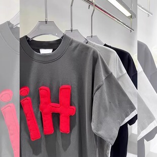 t恤男女情侣浅灰色半袖 夏季 280g重磅潮牌宽松立体玩偶Hi字母短袖