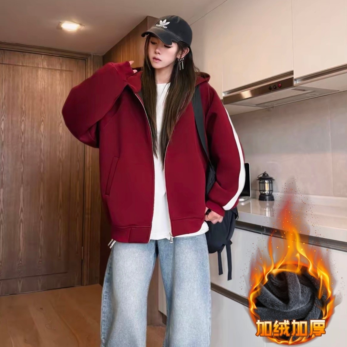 300斤冬季新款美式重磅潮牌开衫卫衣男加绒运动休闲上衣连帽外套