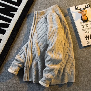 编织菱格拉链开衫毛衣男秋冬款加厚复古宽松针织衫外套男休闲上衣