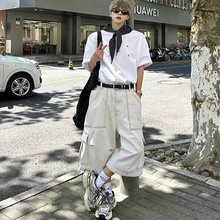 美式卡其色工装七分裤男款夏季宽松休闲短裤男生过膝阔腿八分裤子