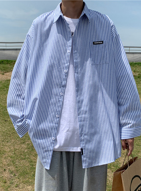 大码300斤港风休闲条纹长袖衬衫男装cityboy宽松衬衣潮流正肩外套