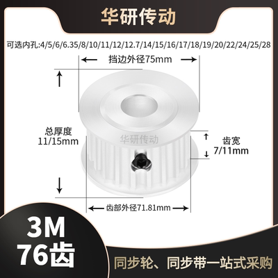 同步轮3M76齿AF两面平槽宽7/11内孔1415161718192024传送同步带轮