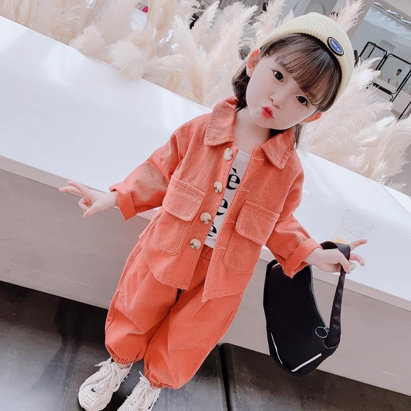 儿童套装春秋女童外套2021年新款洋气工装女宝宝牛仔小童运动秋季
