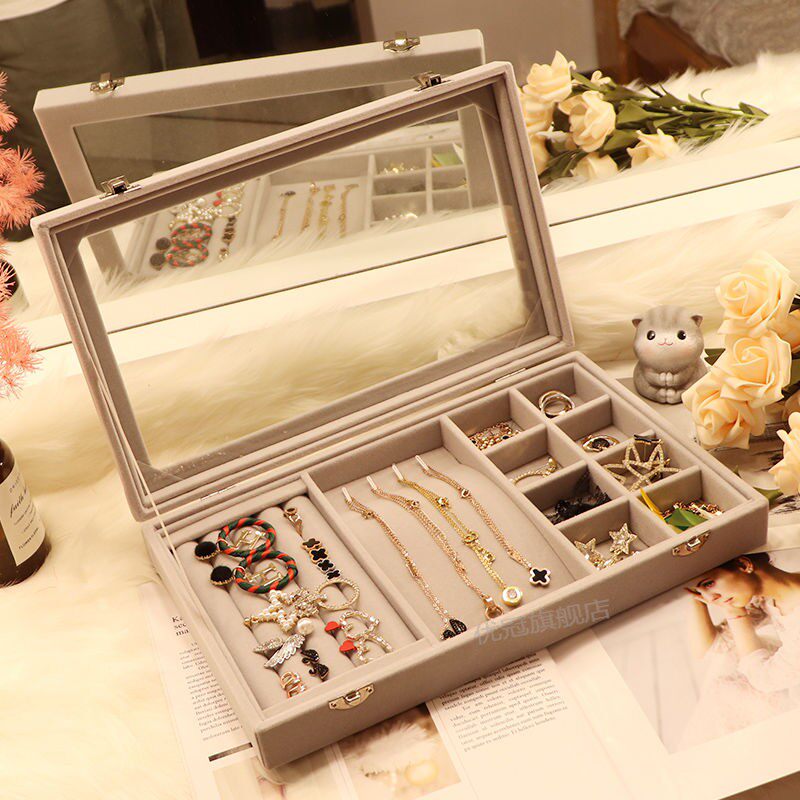 耳钉耳环收纳盒子饰品防尘首饰盒耳夹耳坠耳线整理带玻璃盖珠宝箱