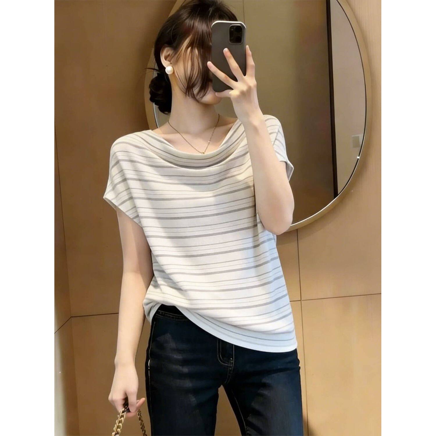 荡领条纹短袖t恤女士2026新款夏季时尚洋气减龄宽松显瘦体恤上衣