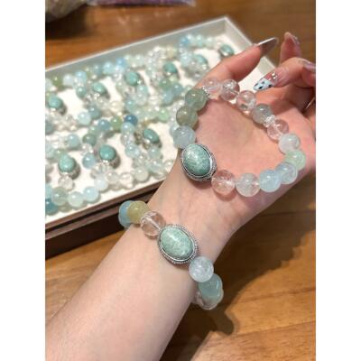 2025天然水晶海蓝宝手链女款单圈天河石白阿塞手串夏季送人冰凉礼