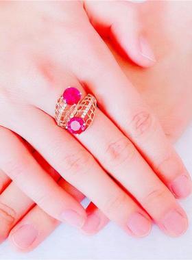 2025心音紫金色戒指女款玫瑰金彩金花边镂空红石戒指精美百搭款