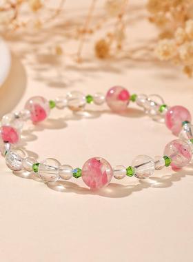2025夏季手工蔷薇石粉水晶手链夏日清新甜美桃花玫瑰粉少女手串手