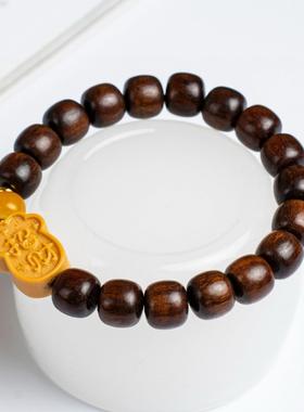 2026沉香木老型手串檀木财招字猫爪牌新中式大吉大利黄油贡木桶珠
