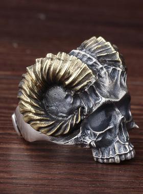 2025恶魔撒旦银戒指男潮朋克摇滚饰品个性霸气复古山羊角骷髅头食