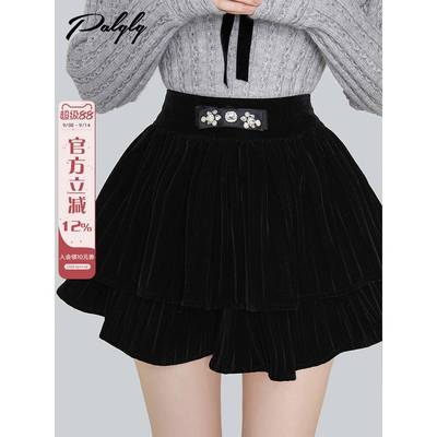 百搭高腰黑色丝绒半身裙女秋冬季新款甜美双层蓬蓬裙子小个子短裙