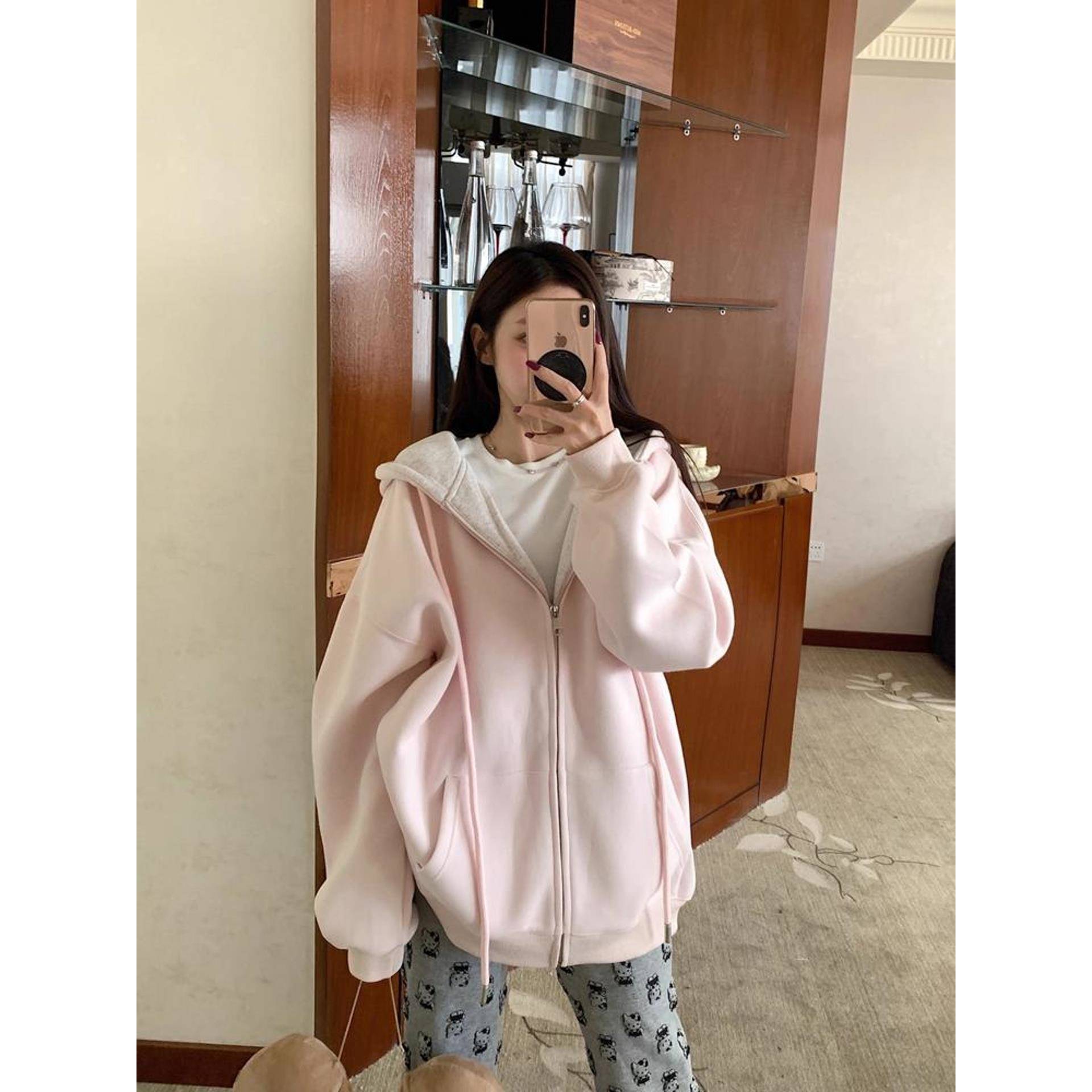 美式宽松拼色连帽大卫衣秋冬新款中长款加厚外套女ins