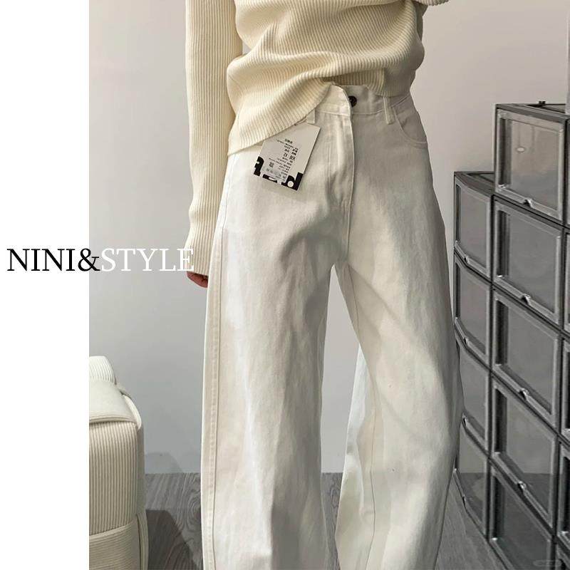 白色窄版阔腿牛仔裤女秋季2025新款高腰高级垂感宽松小个子直筒裤