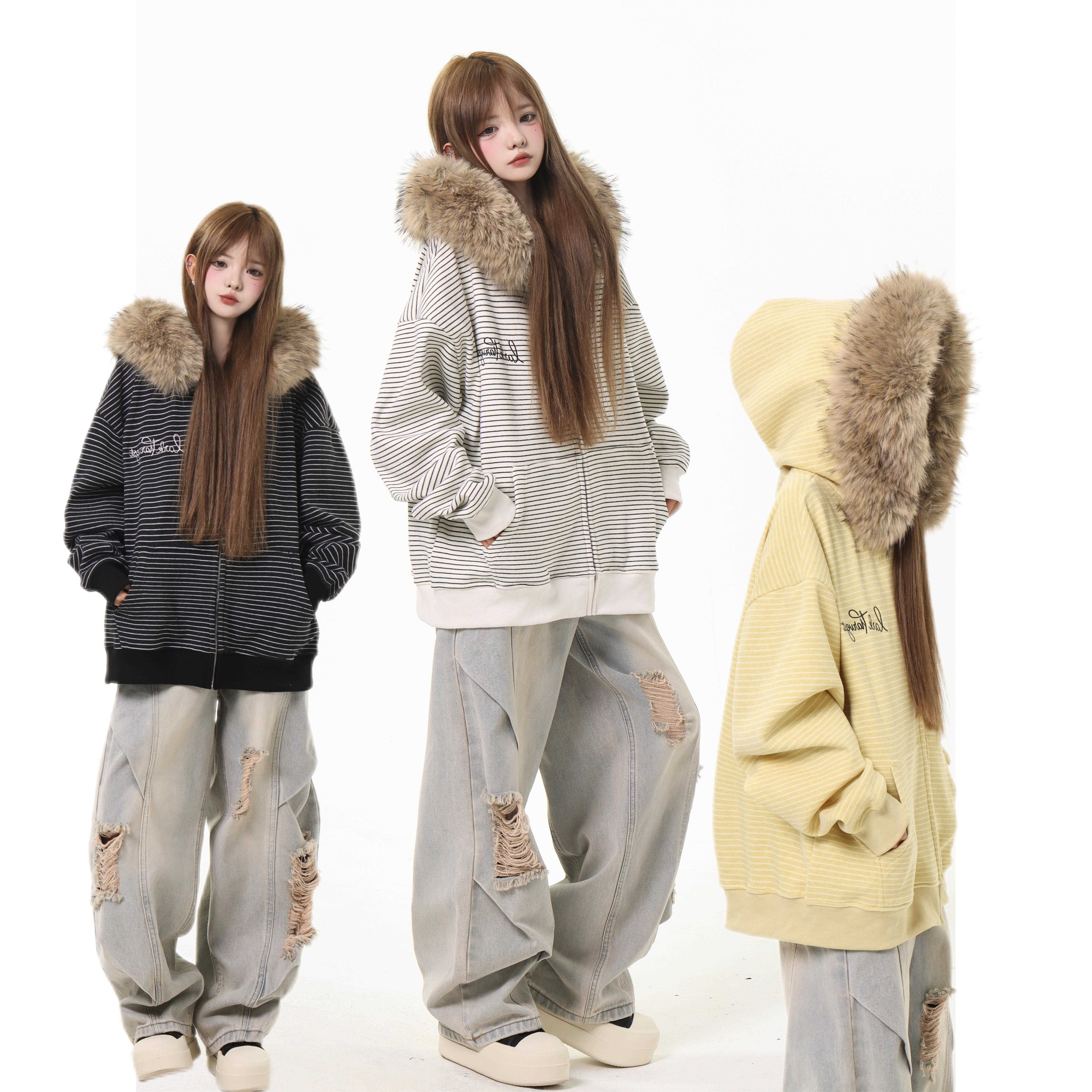 漂亮炮灰 美式刺绣复古毛领连帽外套男女秋冬宽松卫衣开衫上衣