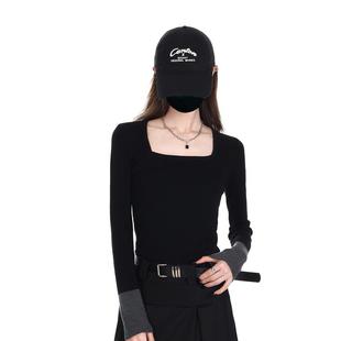 2024冬季韩版修身毛衣上衣女可外穿黑色方领内搭收腰保暖针织衫