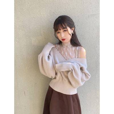 GRL春季新款女日系甜美蕾丝领显瘦落肩袖纯欲针织衫假两件毛衣