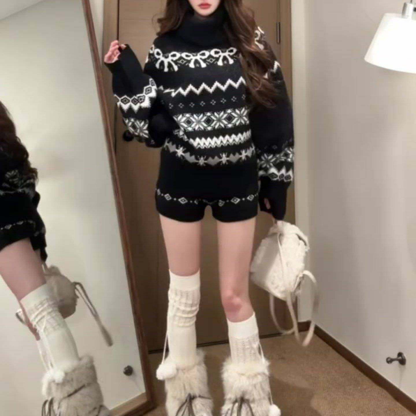 费尔岛套装女秋冬季小个子黑色加厚高领针织毛衣休闲短裤子两件套