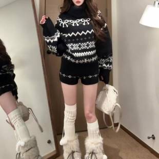 费尔岛套装女秋冬季小个子黑色加厚高领针织毛衣休闲短裤子两件套