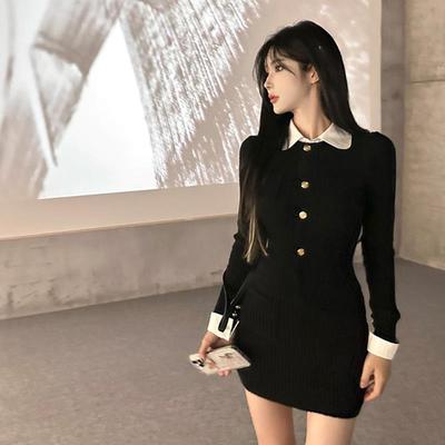 黑色假两件针织连衣裙子女收腰气质高级感修身包臀衬衫短裙早秋季