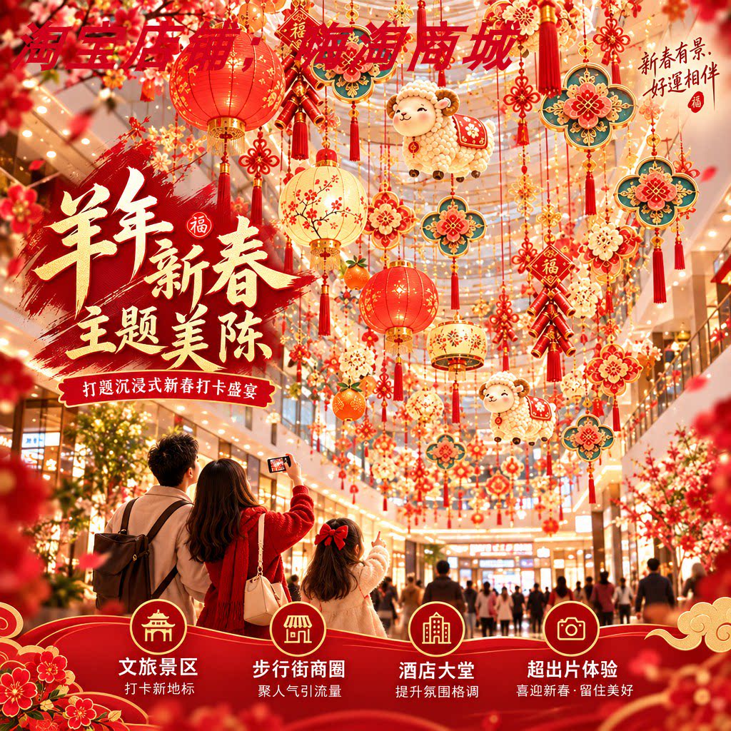 羊年中国风新春装饰挂饰红色灯笼福字酒店大堂文旅景区中庭挂件