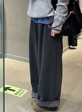 阔腿裤宽松慵懒风2025新款秋冬灰色裤子女加绒加厚大码胖mm休闲裤
