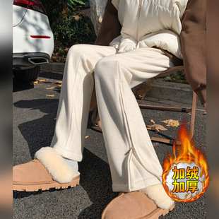 喇叭加绒裤 白色窄版 设计感高腰垂感拉链拖地马蹄裤 女冬季 子 喇叭裤