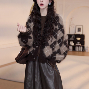 百搭皮裙休闲套装 时尚 外套女士毛衣2025秋冬新款 慵懒风宽松针织衫