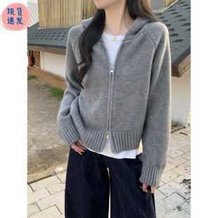 欧货独特洋气宽松毛衣开衫 上衣女外套 秋冬高级感双拉链连帽针织衫