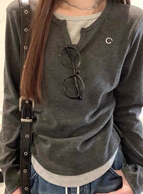 灰色假两件设计感上衣女秋季新款修身显瘦长袖t恤秋冬内搭打底衫