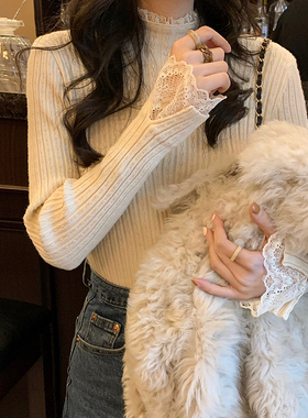 法式白色针织衫拼接蕾丝皮草内搭女秋冬显瘦半高领毛衣打底衫上衣