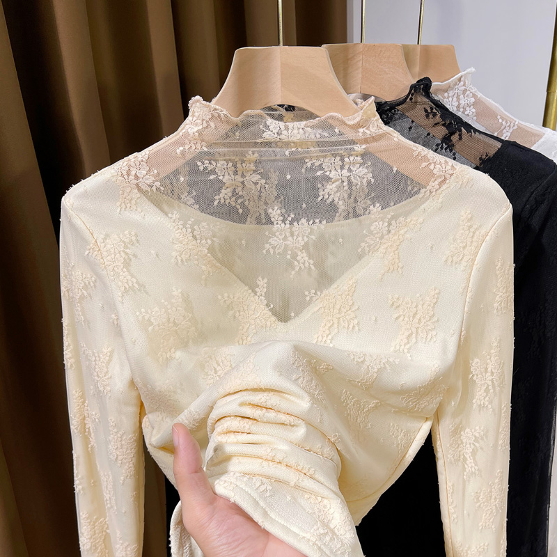 高领加绒蕾丝打底衫女秋