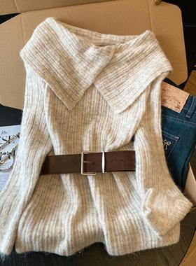 慵懒气质一字肩翻领腰带针织衫女秋冬加厚外穿毛衣美拉德穿搭上衣