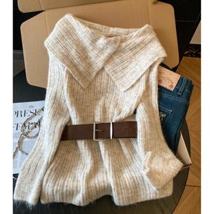 慵懒气质一字肩翻领腰带针织衫 女秋冬加厚外穿毛衣美拉德穿搭上衣