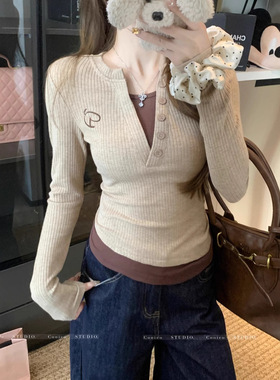 美式复古撞色假两件长袖t恤打底衫女秋季新款辣妹修身显瘦短上衣