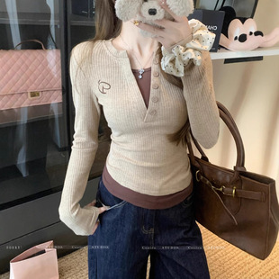 复古撞色假两件长袖 辣妹修身 t恤打底衫 新款 显瘦短上衣 女秋季 美式